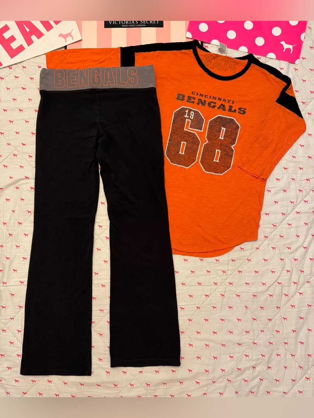 VS PINK VINTAGE Y2K SET FLARE LEGGINGS & 3/4 SLEEVE SHIRT CINCINNATI BENGALS HTF